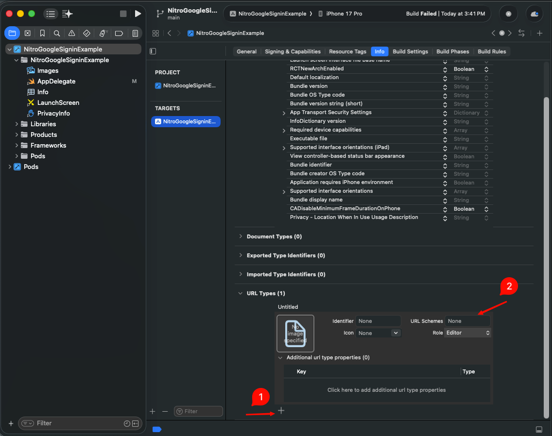 URL Types — add REVERSED_CLIENT_ID as URL scheme in Xcode